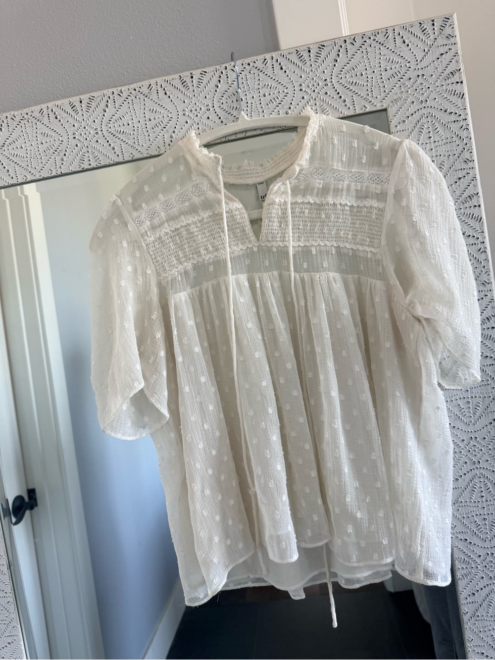 Zara Cream Swiss Dot Lace Yoke Peasant Blouse